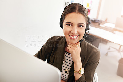 Buy stock photo Call center, portrait or happy woman in contact support for communication, question or customer service. CRM, smile or virtual assistant with headset for technical solution, system update or inbound