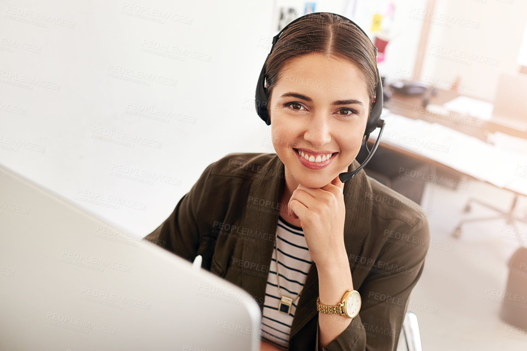 Buy stock photo Call center, portrait or happy woman in contact support for communication, question or customer service. CRM, smile or virtual assistant with headset for technical solution, system update or inbound