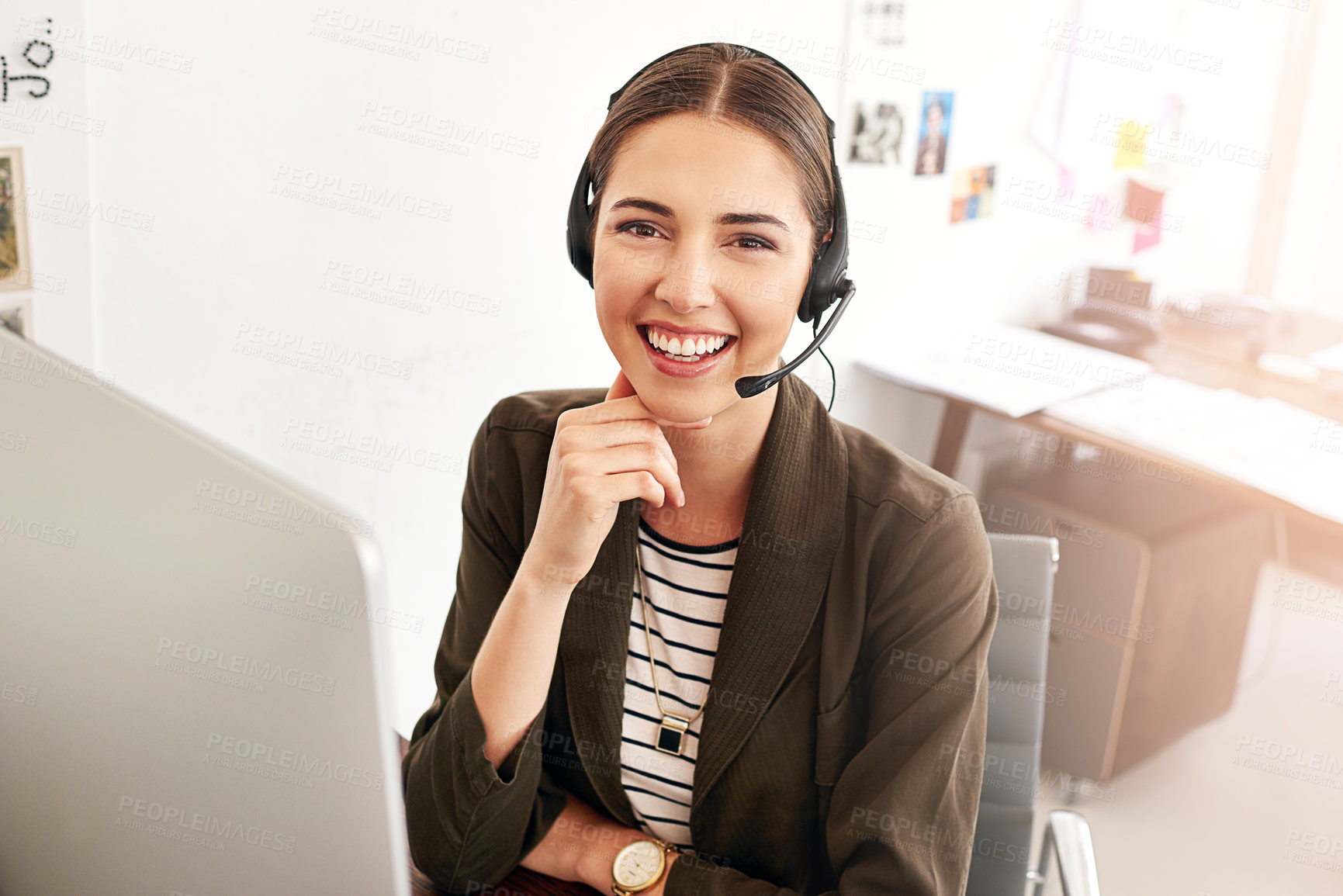 Buy stock photo Call center, portrait or happy woman in customer support for communication, question or contact service. CRM, smile or virtual assistant with headset for technical solution, system update or inbound