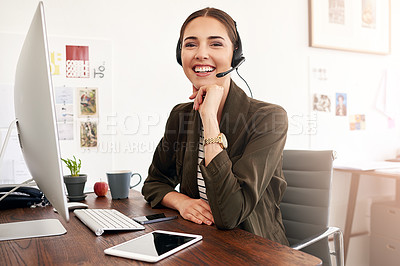Buy stock photo Woman, portrait and customer service for crm, call center and personal assistant support agency. Consultant, computer and telemarketing company for smile, happiness or workplace operator with headset