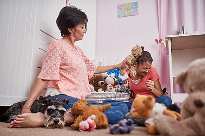 Buy stock photo Mother, child and playing with teddy bear in home for bonding connection in bedroom, parenting or toys. Mature woman, teenager and funny together with animal dog for relax love, care or happiness