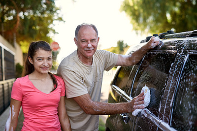 Buy stock photo Family, washing car and portrait of man with daughter outdoor for cleaning in summer. Kids, love or smile with father and girl child in driveway to polish vehicle for responsibility or transportation