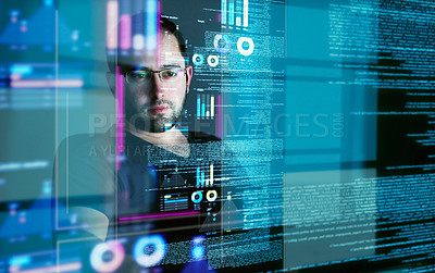 Buy stock photo Focus, programming man with hologram, code and futuristic with cyber security, digital software and big data. Male person, cloud computing or employee with concentration, holographic and programmer