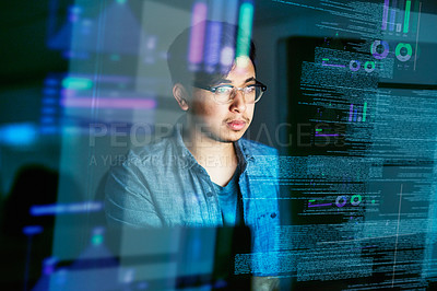 Buy stock photo Night, code and hologram with man in office for programming, future and software development. Big data, networking and technology with male developer for cloud computing, programmer and coding