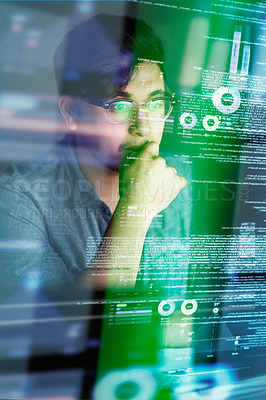 Buy stock photo Cropped shot of a young computer programmer looking through data