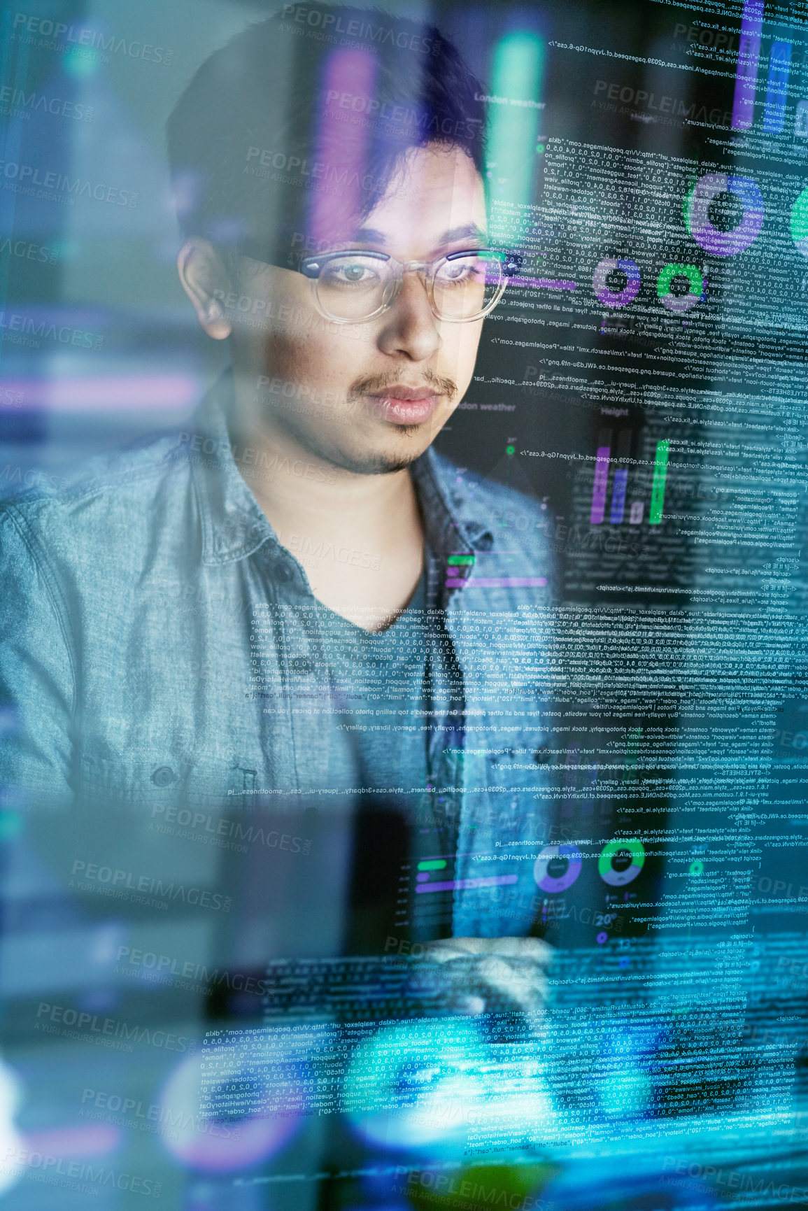 Buy stock photo Cropped shot of a young computer programmer looking through data