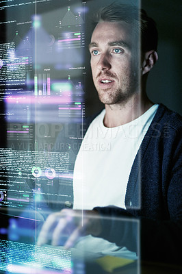 Buy stock photo Focus, man and programmer with hologram, cyber security and futuristic with digital software, research and data analytics. Male person, employee and consultant typing, holographic and programming