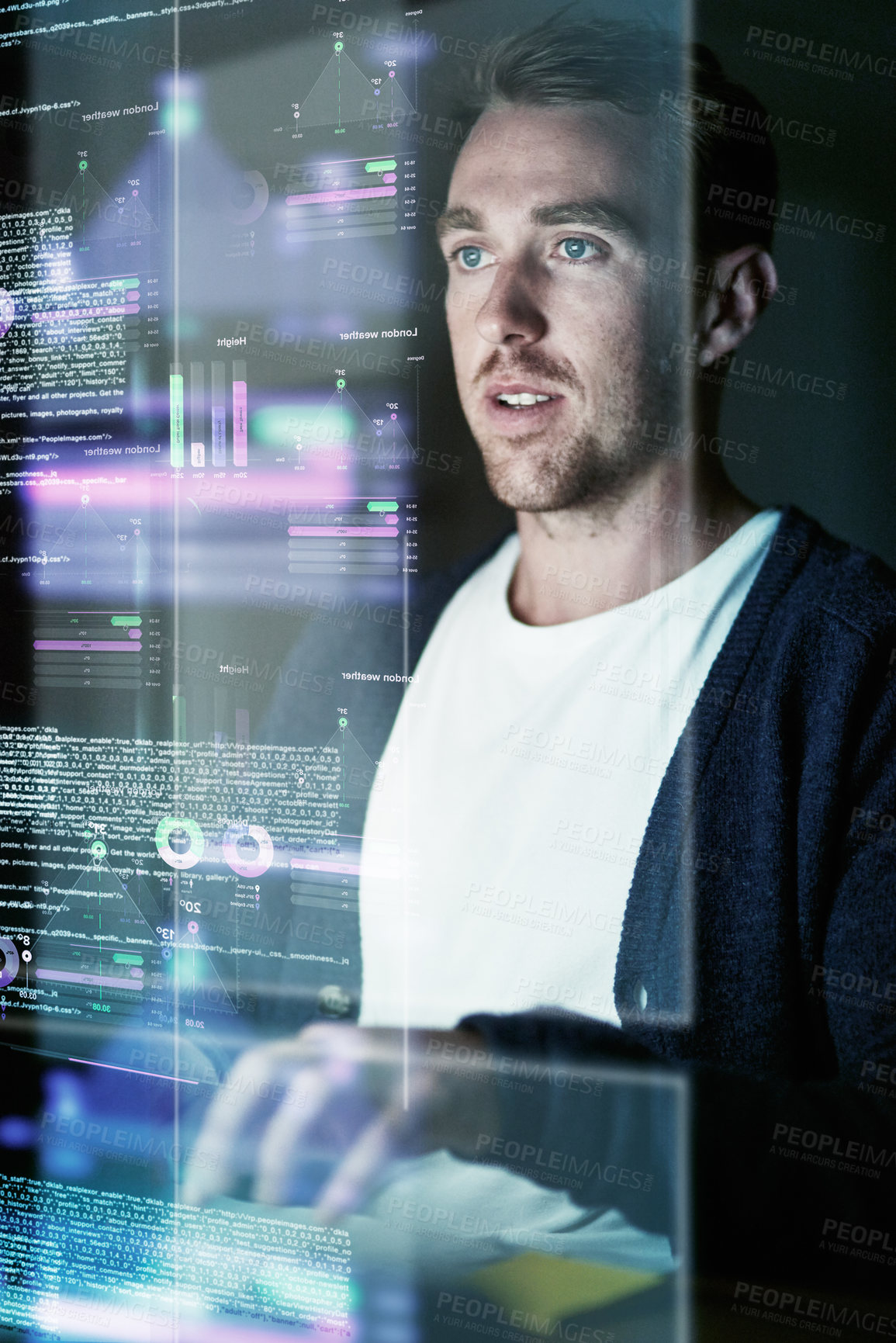 Buy stock photo Focus, man and programmer with hologram, cyber security and futuristic with digital software, research and data analytics. Male person, employee and consultant typing, holographic and programming