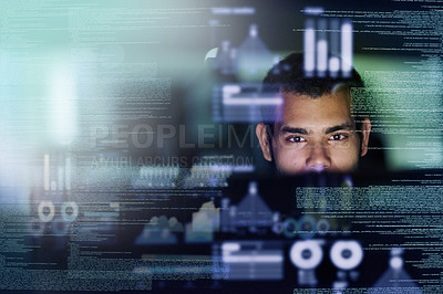 Buy stock photo Focus, man and programmer with hologram, code and futuristic with cyber security, digital software and data analytics. Male person, coder and technician with research, holographic and programming