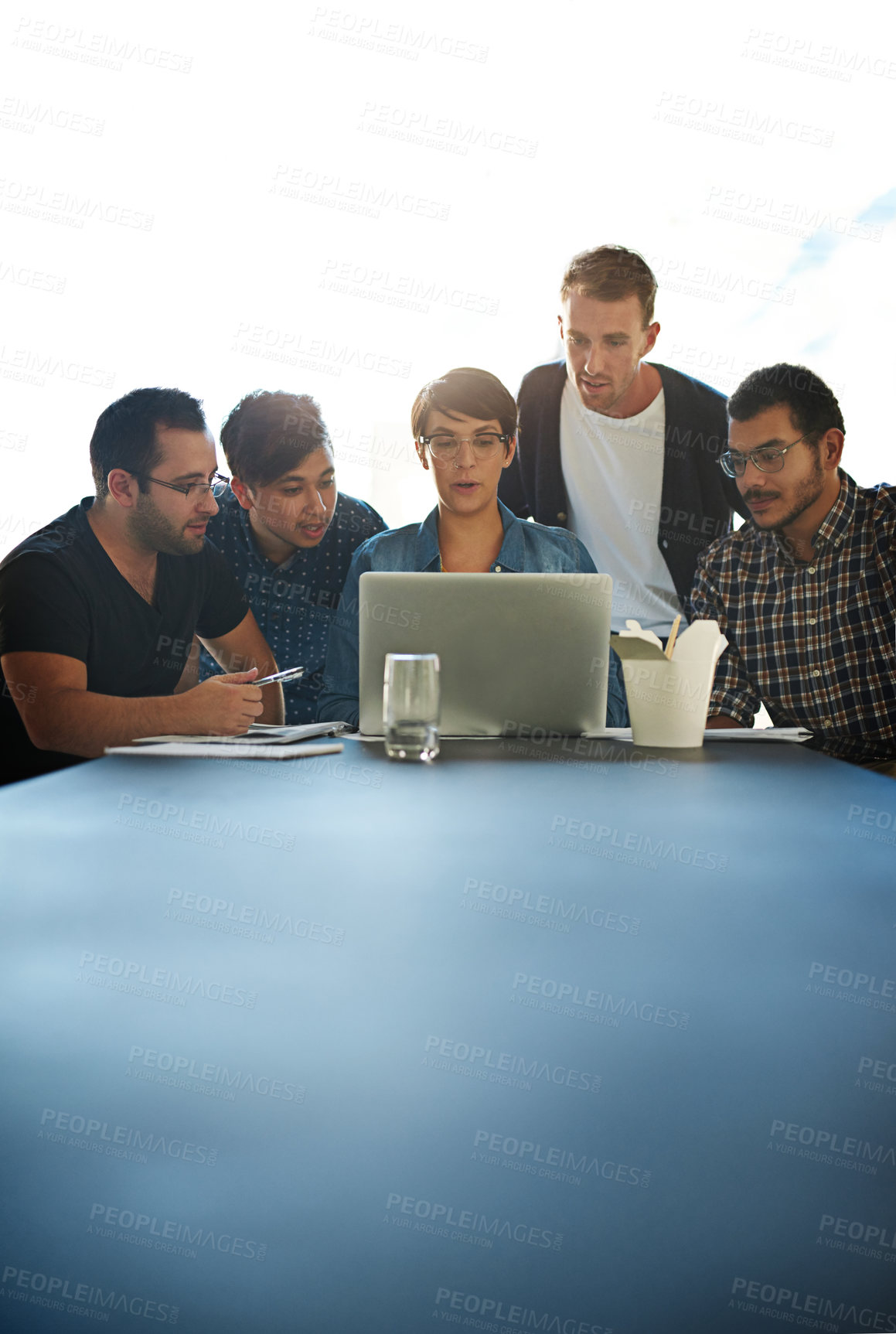 Buy stock photo Office, startup and business people on laptop for research, website review and project in discussion. Creative agency, mockup and men and women on computer for planning, teamwork and collaboration