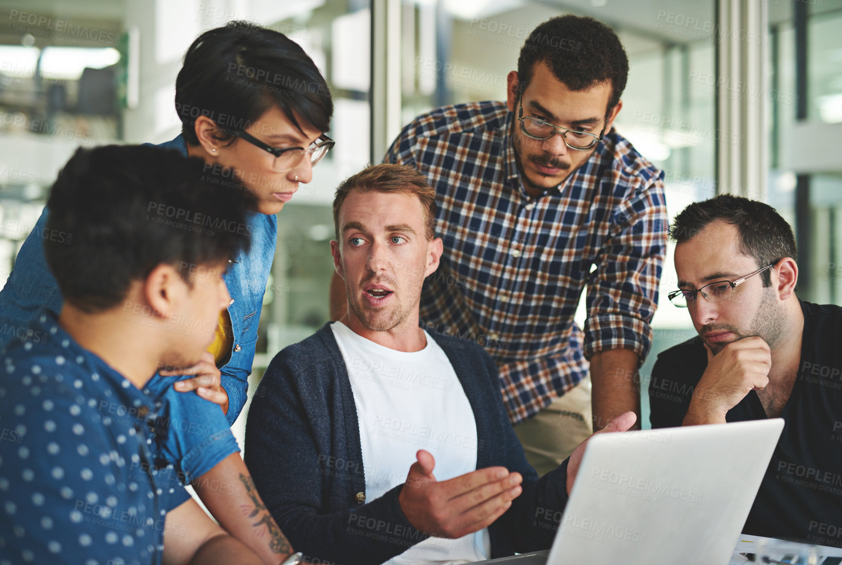 Buy stock photo Business, people and meeting with laptop in office for project management, discussion and teamwork. Professional, collaboration and technology for planning, brainstorming and diversity in boardroom