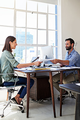 Buy stock photo Collaboration, man and woman at desk in office, team planning and working together on administration startup project. Teamwork, computer and documents, employees or business people at design agency.