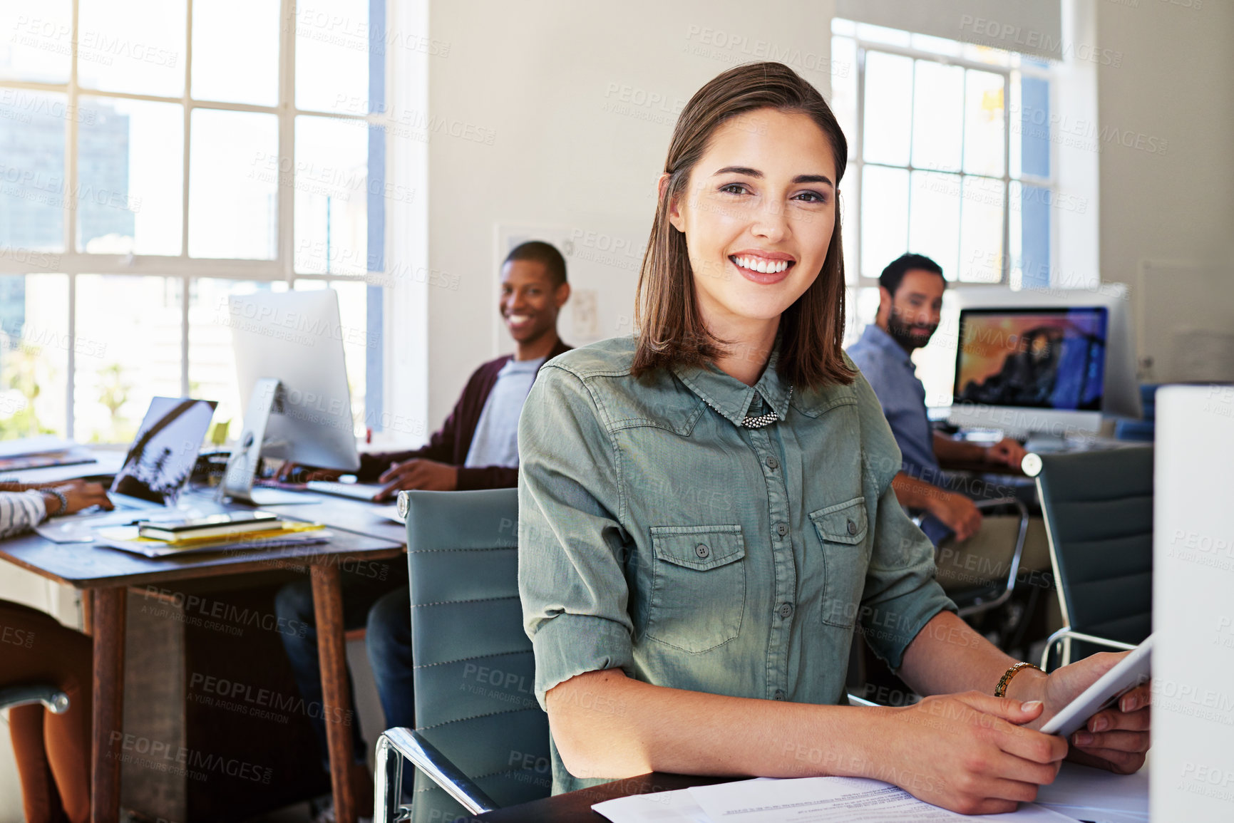 Buy stock photo Portrait of woman in creative agency with smile, staff and tablet, success at design startup. Happy designer in modern office, manager or team leader working at laptop at desk with digital technology