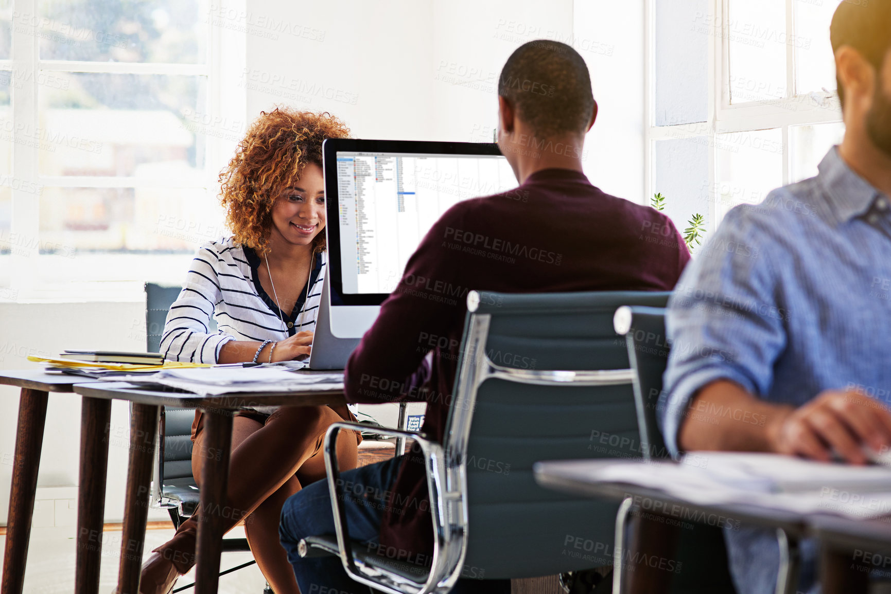 Buy stock photo Business people, coworking in modern office and startup, typing for data capturing and analyst at finance company. Employees, productivity with spreadsheet and computer screen with bookkeeping