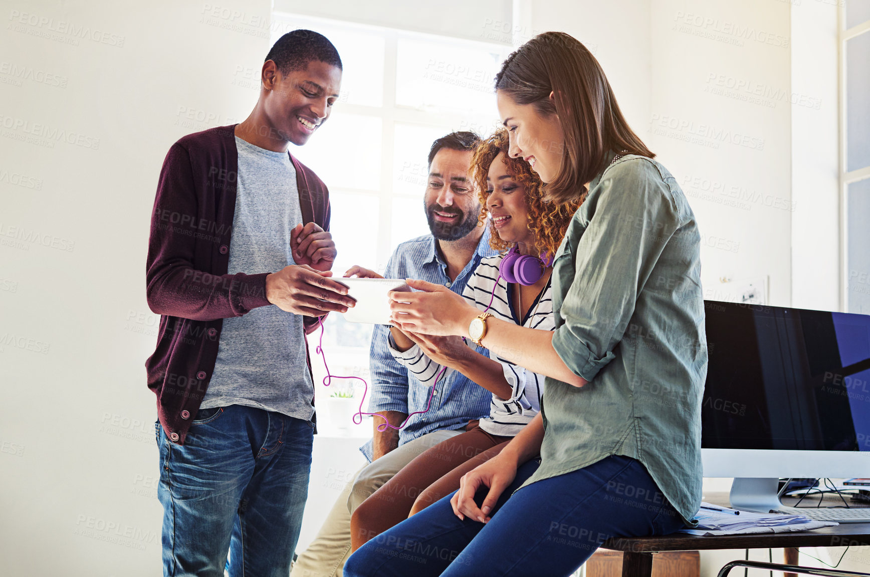 Buy stock photo Tablet, teamwork and happy business people in office online, website and social media for startup. Communication, networking and work friends on digital tech for strategy, internet video and research