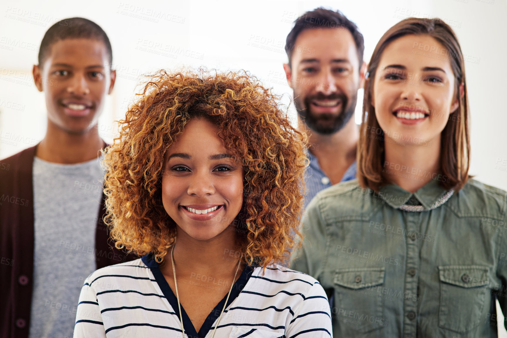 Buy stock photo Portrait, black woman leadership and smile of business people in studio isolated on a white background. Teamwork, collaboration and group diversity of happy employees standing together with boss.