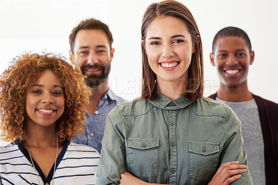 Buy stock photo Portrait, teamwork or leadership with a business woman and her management team standing arms crossed together. Collaboration, diversity and manager with a female employee in leadership of a group