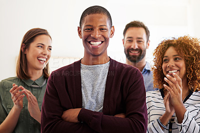 Buy stock photo Success, applause and portrait of black man in office for celebration, teamwork and achievement. Support, happy and smile with business people for motivation, appreciation and winner in startup