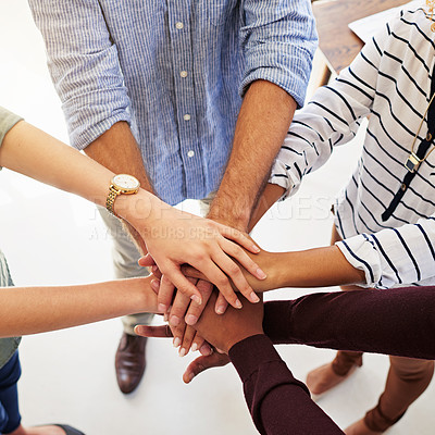 Buy stock photo Business people, hands and unity in collaboration for teamwork, goal or diversity above at the workplace. Hand of group piling in team trust for community, motivation or agreement together