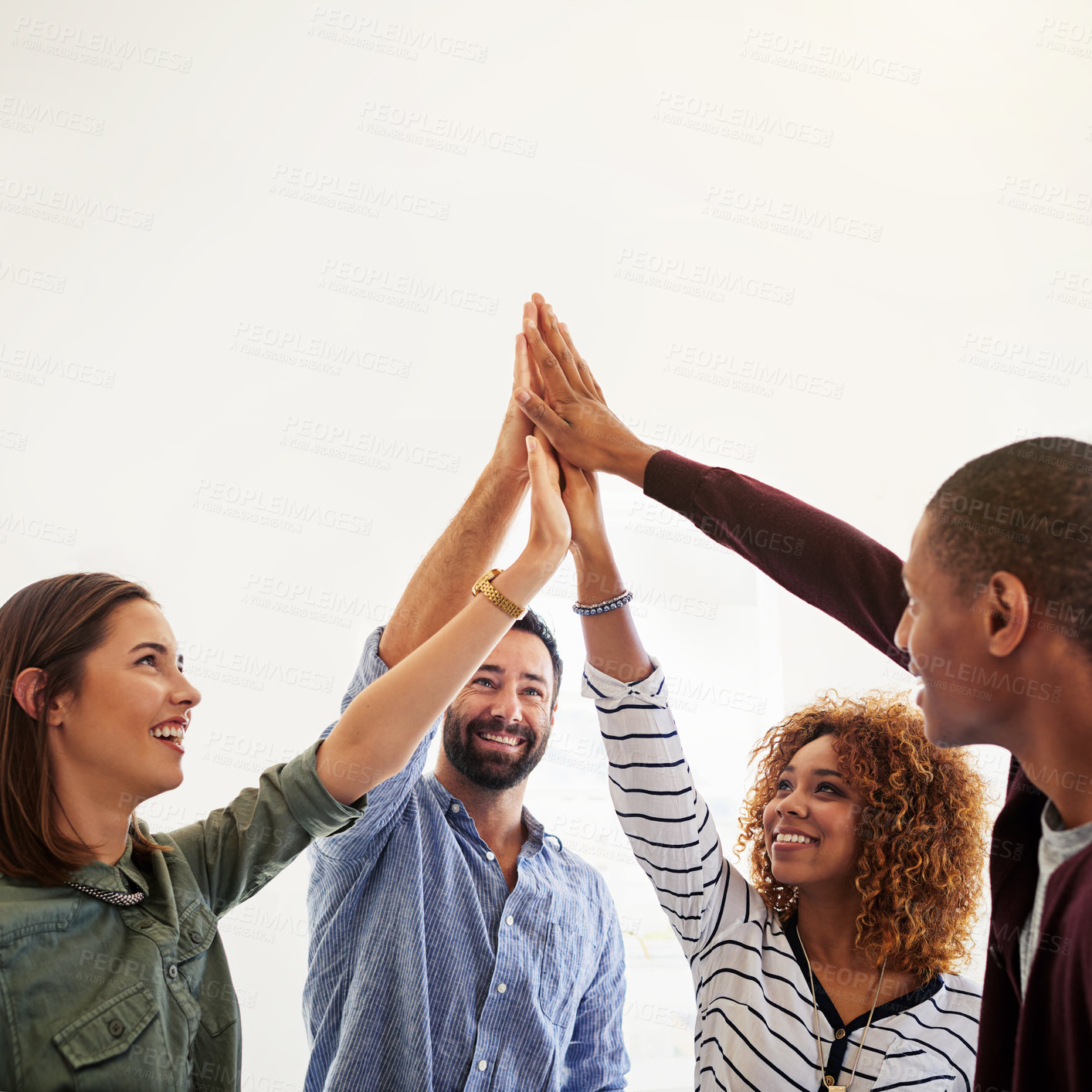 Buy stock photo Creative business people, hands and high five in collaboration for teamwork, goal or diversity in unity. Happy group touching hand in team trust for community or startup agreement on mockup