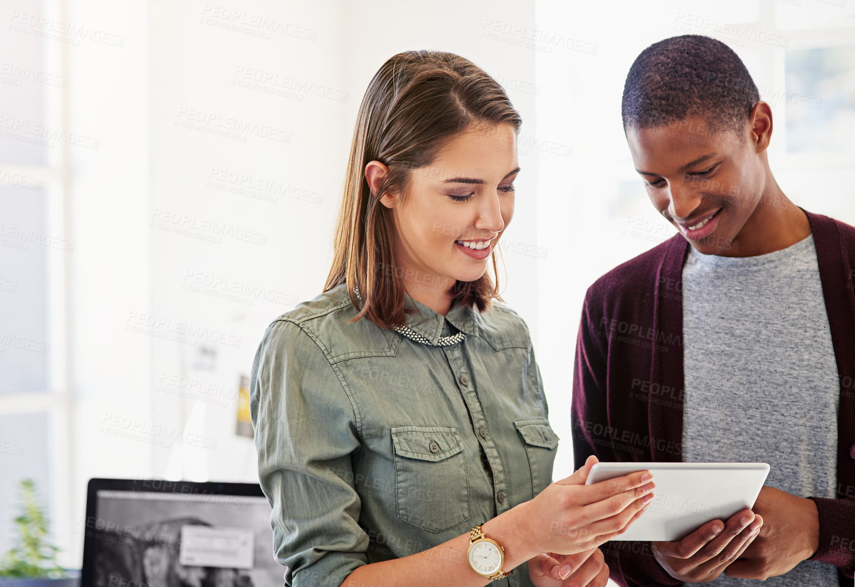 Buy stock photo Tablet, teamwork and collaboration with business people in office for creative, branding and designer. Research, email and social media with black man and woman for internet, technology and startup