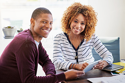 Buy stock photo Business people, tablet and teamwork portrait of team in office for planning, strategy or ideas. Black woman and man smile at desk with mobile app for online project, collaboration and mentor advice