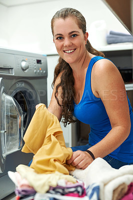 Buy stock photo Portrait, cleaning or happy woman with laundry, machine and home for clothes, fabric and housekeeping. Loading, female person and cleaner washing items in laundromat with routine, smile and service