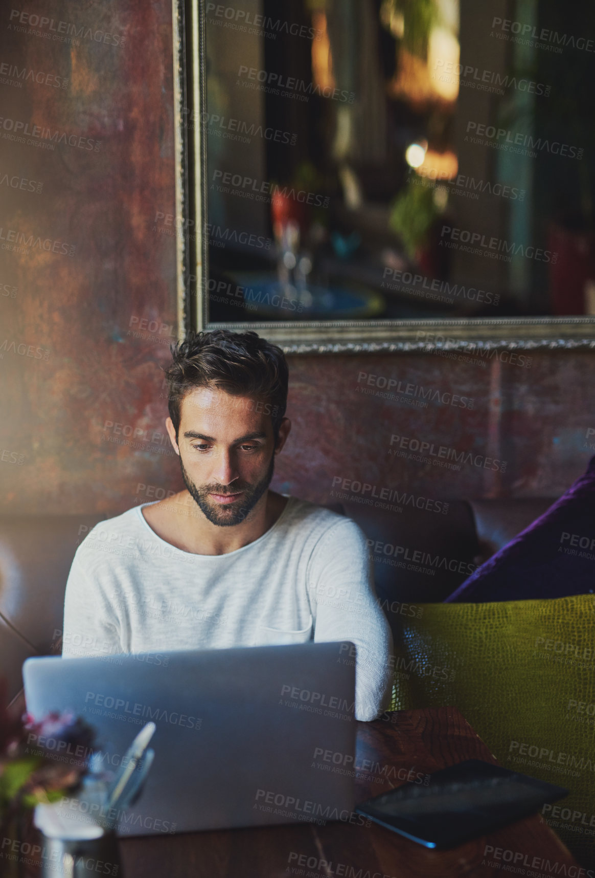 Buy stock photo Laptop, coffee shop cafe and man online research, copywriting review or social network journalist reading. Diner internet connection, remote work and freelancer in bistro restaurant for web article