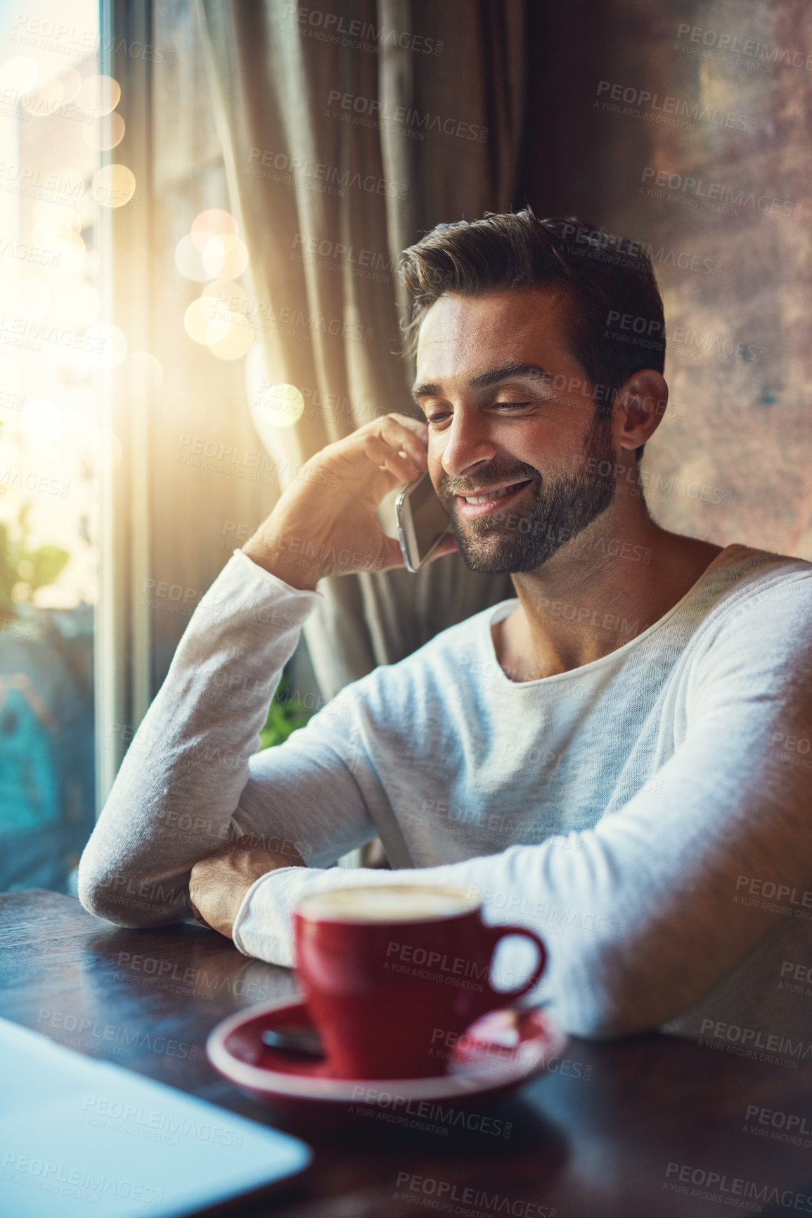 Buy stock photo Phone call, coffee shop and happy man for online research, copywriting review or social network journalist. Cafe internet connection, remote work and freelancer in bistro restaurant for web article