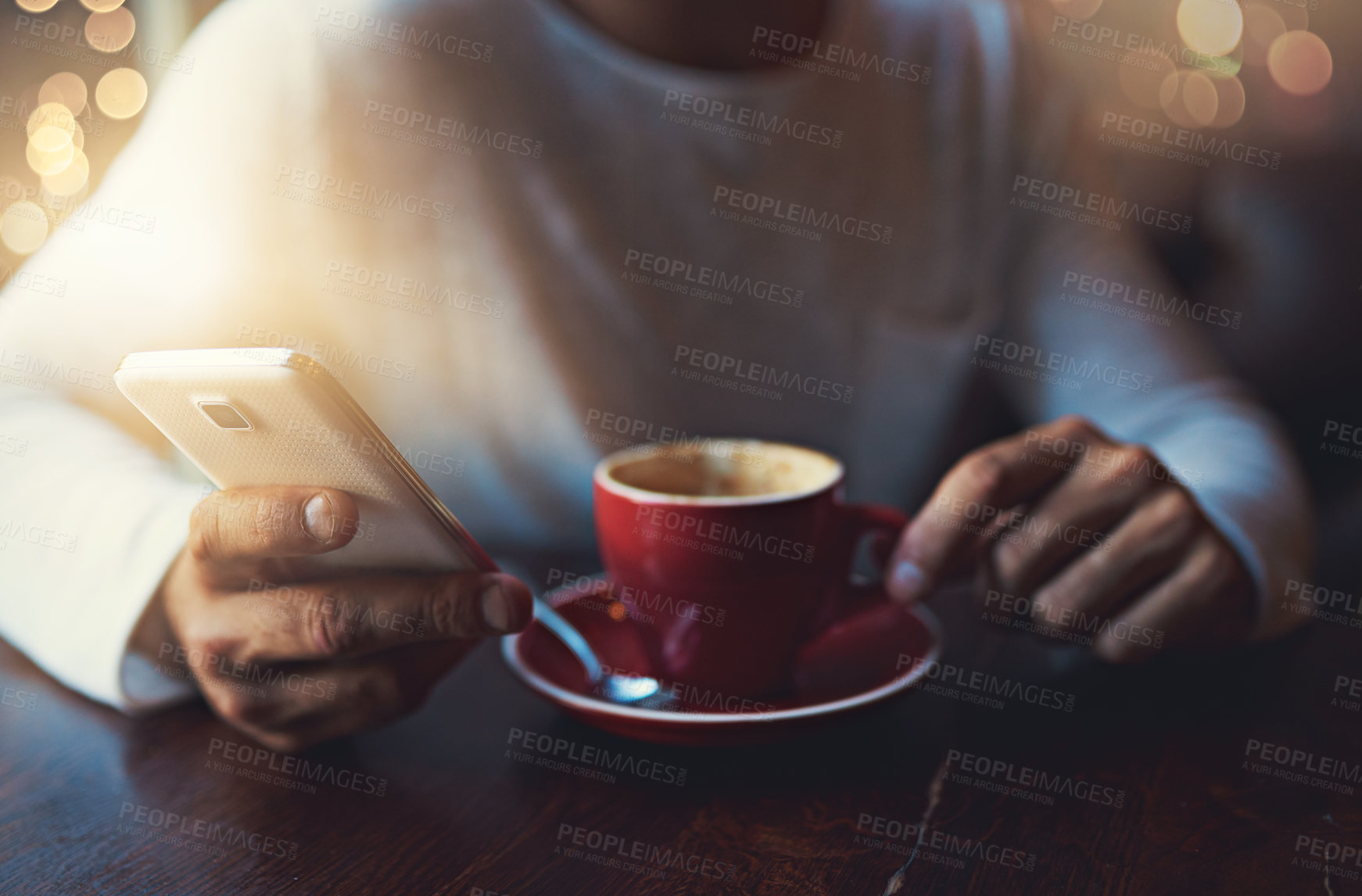 Buy stock photo Hands, woman and cafe on smartphone with coffee on break to relax, chill and enjoy. Female person, restaurant and browsing internet on social media for communication, networking and connection