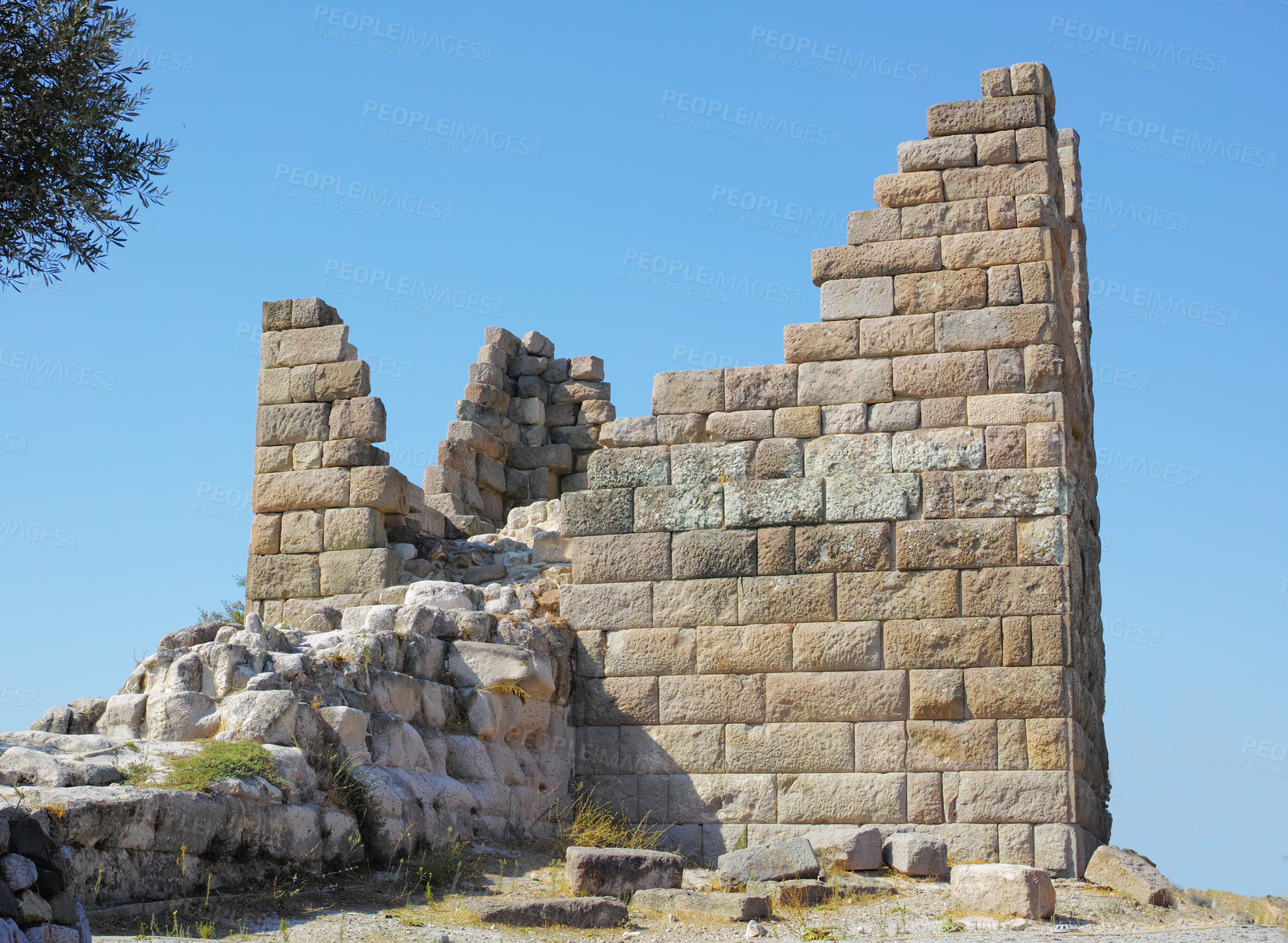 Buy stock photo Old wall, house and collapse or abandoned in countryside from earthquake or natural disaster. Wall, site and cracks of building with destruction, crisis and civil war with damaged architecture