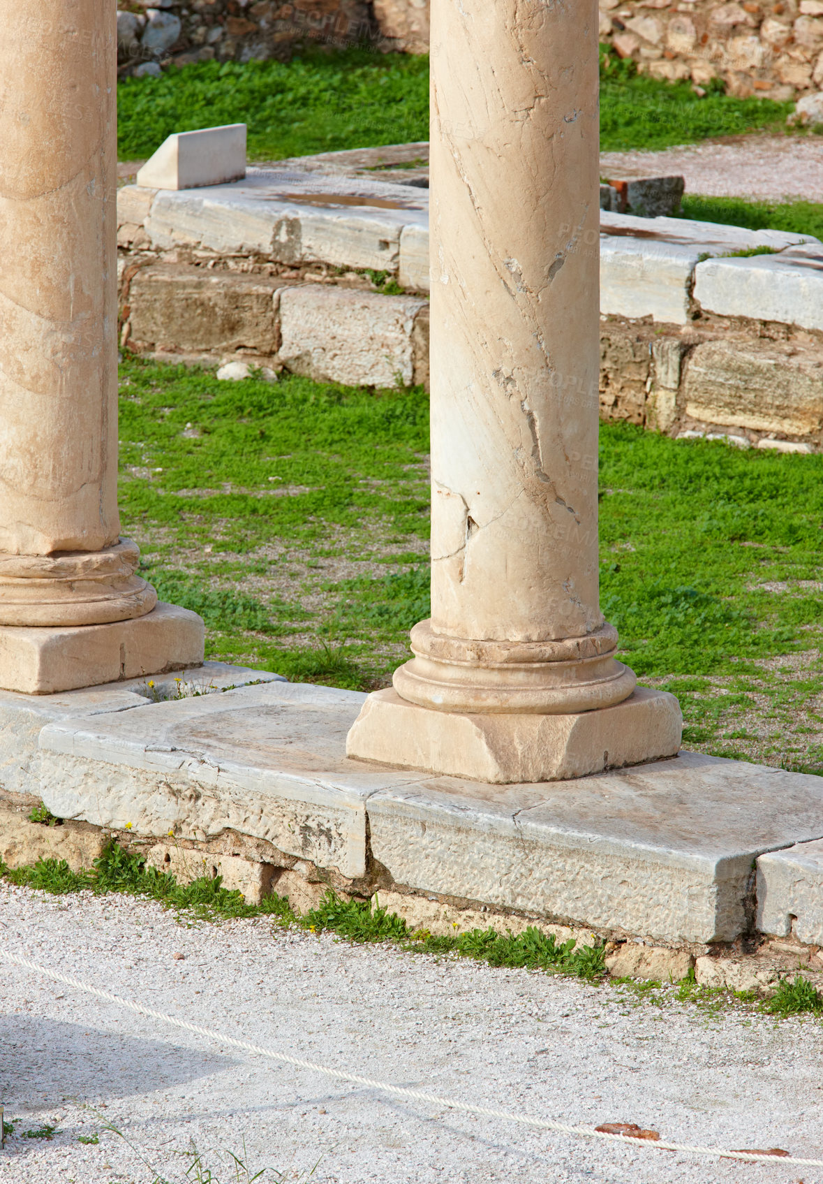 Buy stock photo Travel, pillars and ancient architecture as old building, structure and history at destination. Landmark, monument and empire with tourism, culture and art for discovery, adventure and site in Greece