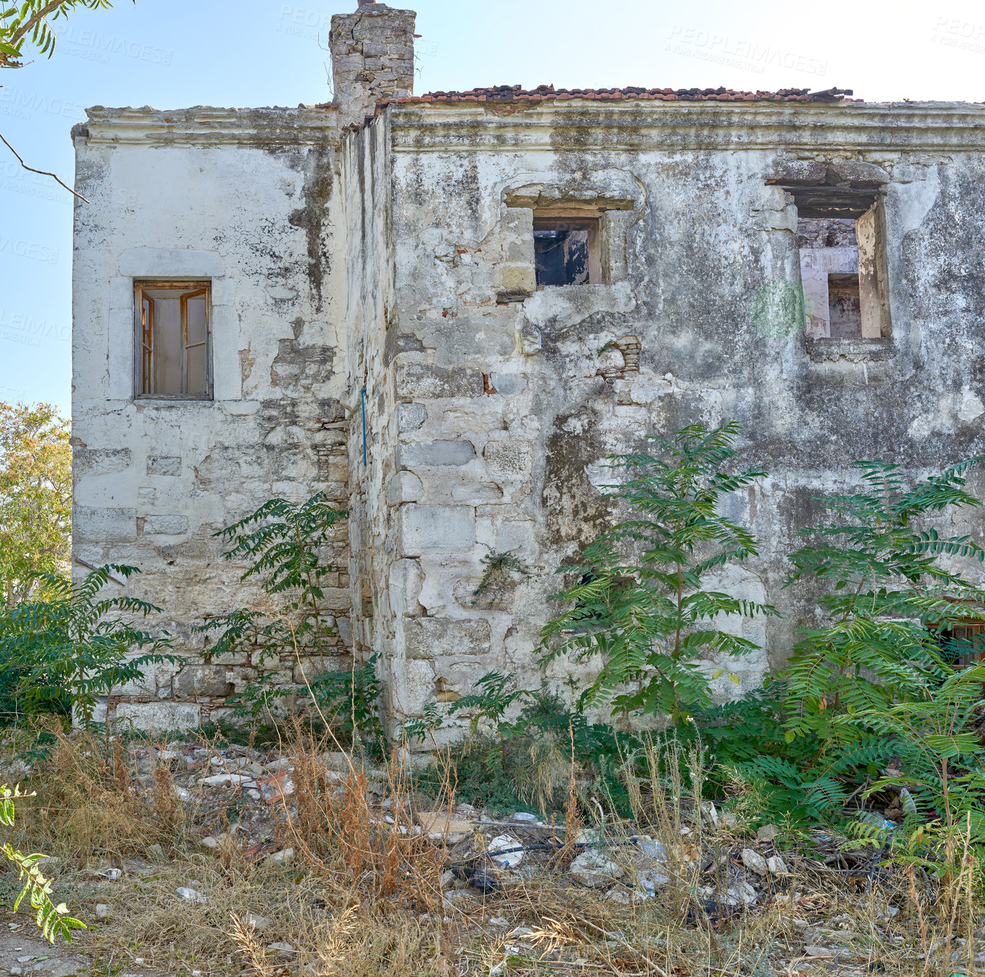 Buy stock photo Ruins, architecture and building design outdoor for infrastructure, abandoned and wall rubble of travel. Brick structure, property and disaster accident with vintage history, destruction and culture