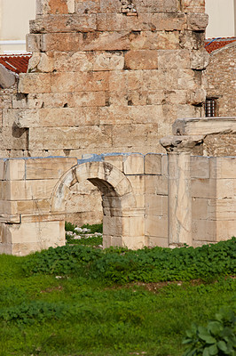 Buy stock photo Ruins, architecture and building structure outdoor for infrastructure, abandoned and wall rubble of travel. Brick design, property and disaster accident with vintage history, destruction and culture