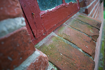 Buy stock photo Textures, windowsill and brick wall for ancient architecture in vintage hallway, home or property. Background, apartment and history as interior design, zoom or outdoor as retro townhouse or building