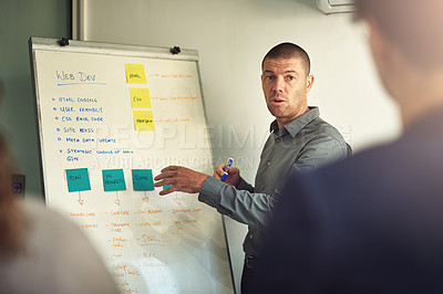 Buy stock photo Web development, mentor with whiteboard and in a business meeting of their modern workplace office together. Presentation or support, brainstorming or data review and coach with coworkers in workshop