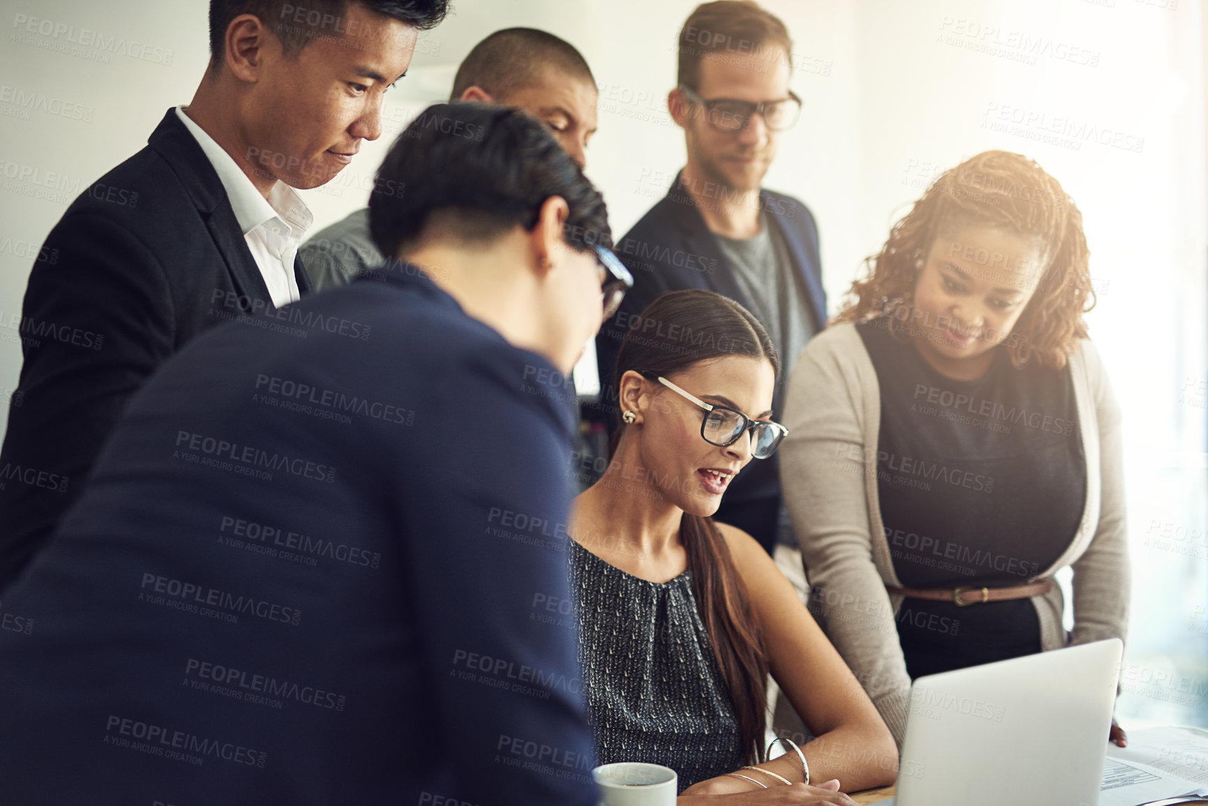 Buy stock photo Business people, laptop and collaboration in office for diversity, planning and development strategy. Research, technology and partnership for corporate training, briefing report and project review