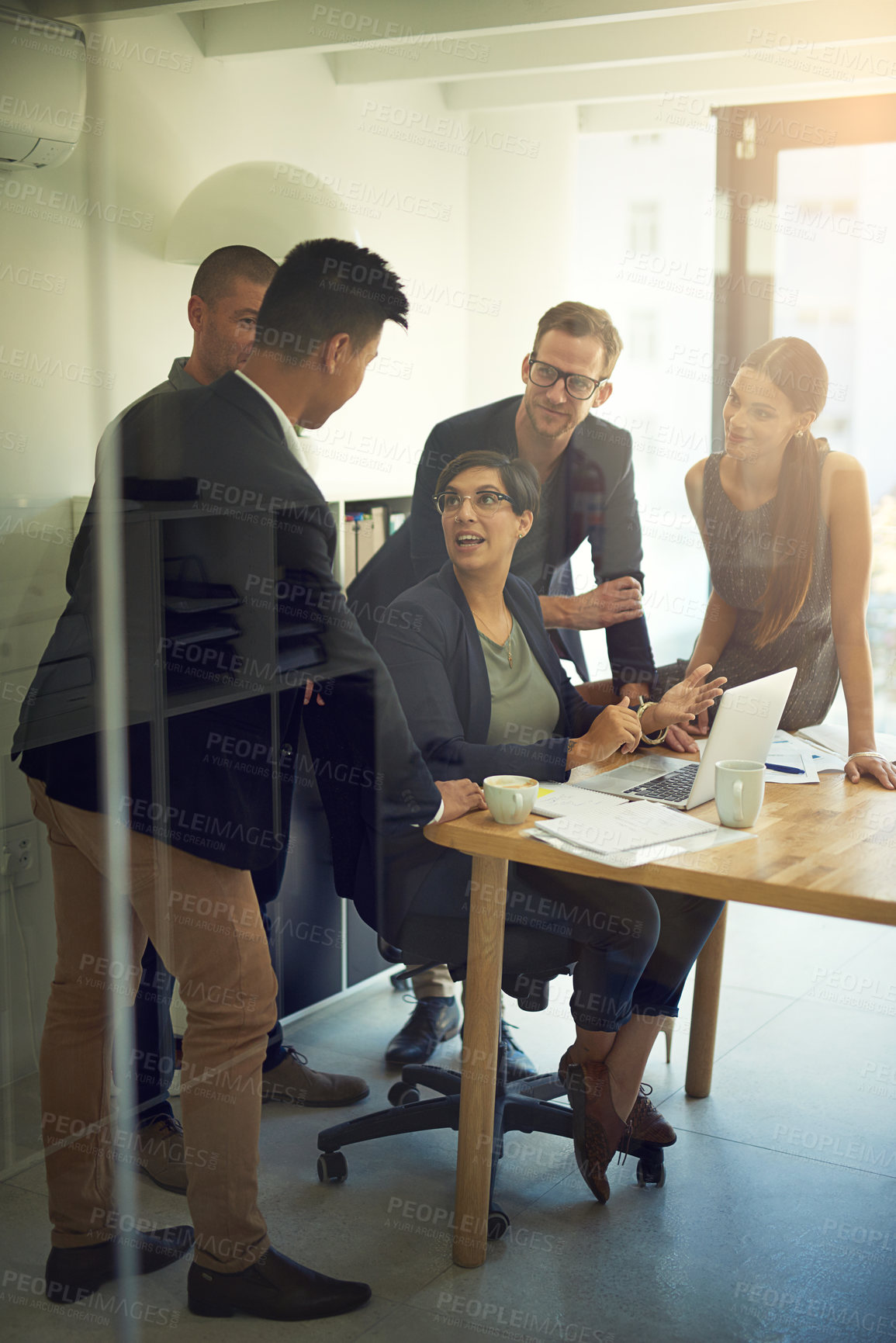 Buy stock photo Business people, laptop and collaboration in office for meeting, diversity and development strategy. Research, technology and partnership for corporate training, briefing report and project review