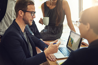 Buy stock photo Laptop screen, graphs and business people in meeting for data analysis, financial report and company growth or revenue. Increase, accounting stats or finance of accountant man and clients on computer