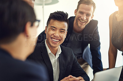 Buy stock photo Business meeting, happy people and manager with group for job review, feedback and discussion or teamwork. Corporate, professional or man talking to employees for news, advice and planning on laptop