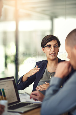 Buy stock photo Meeting, graphs and business people on laptop screen for data analysis, financial revenue report or b2b advice. Increase, accounting stats or finance sales of accountant woman and clients on computer