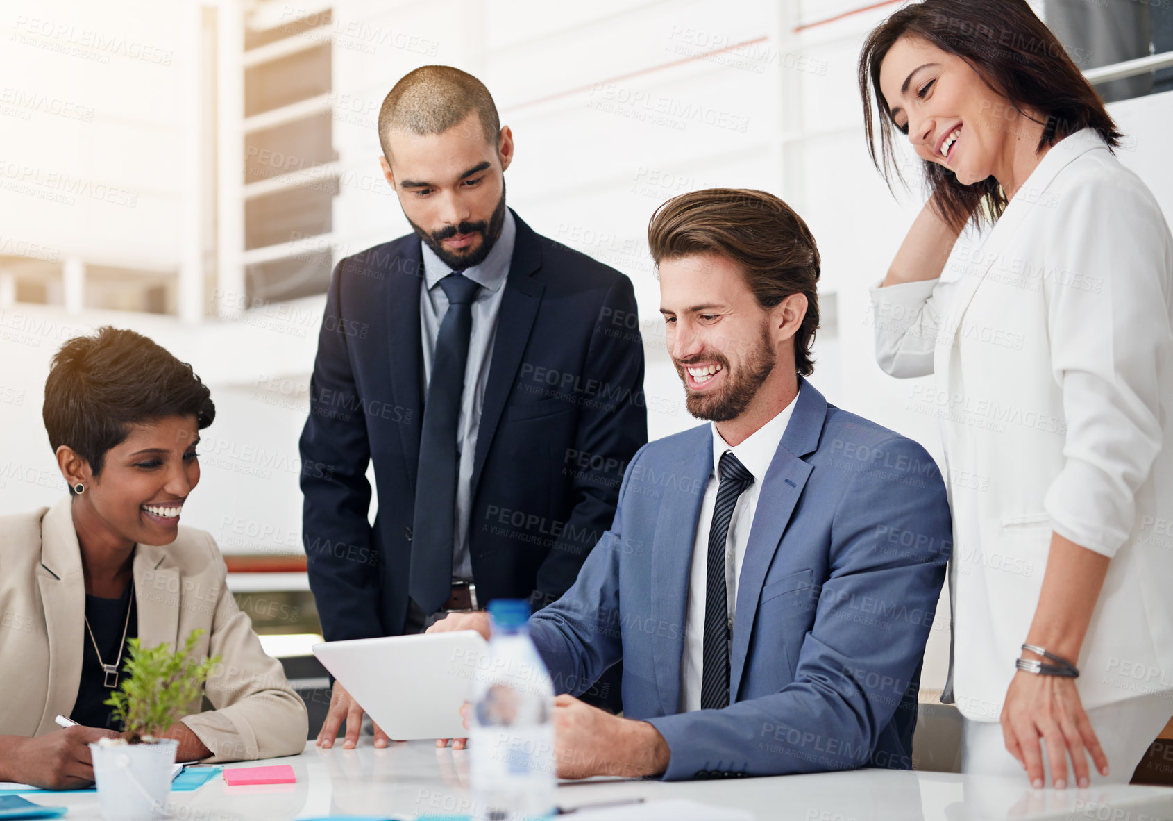 Buy stock photo Corporate, laughing and group with tablet, meeting and conversation for financial report and confident. Discussion, teamwork and people with paperwork, plan and project for actuary and boardroom