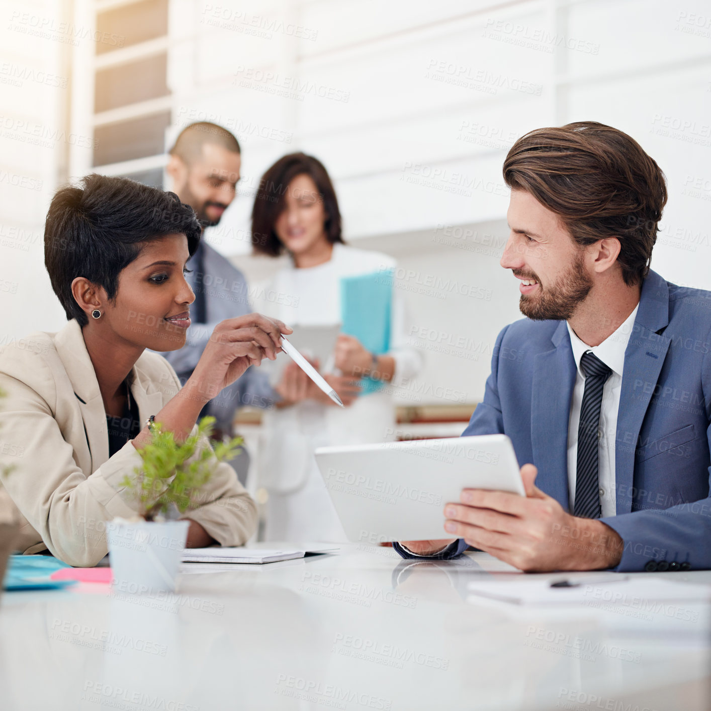 Buy stock photo Corporate, smile and pointing of tablet, people and conversation for financial report and confident. Discussion, teamwork and paperwork for meeting, talking and project for actuary and boardroom