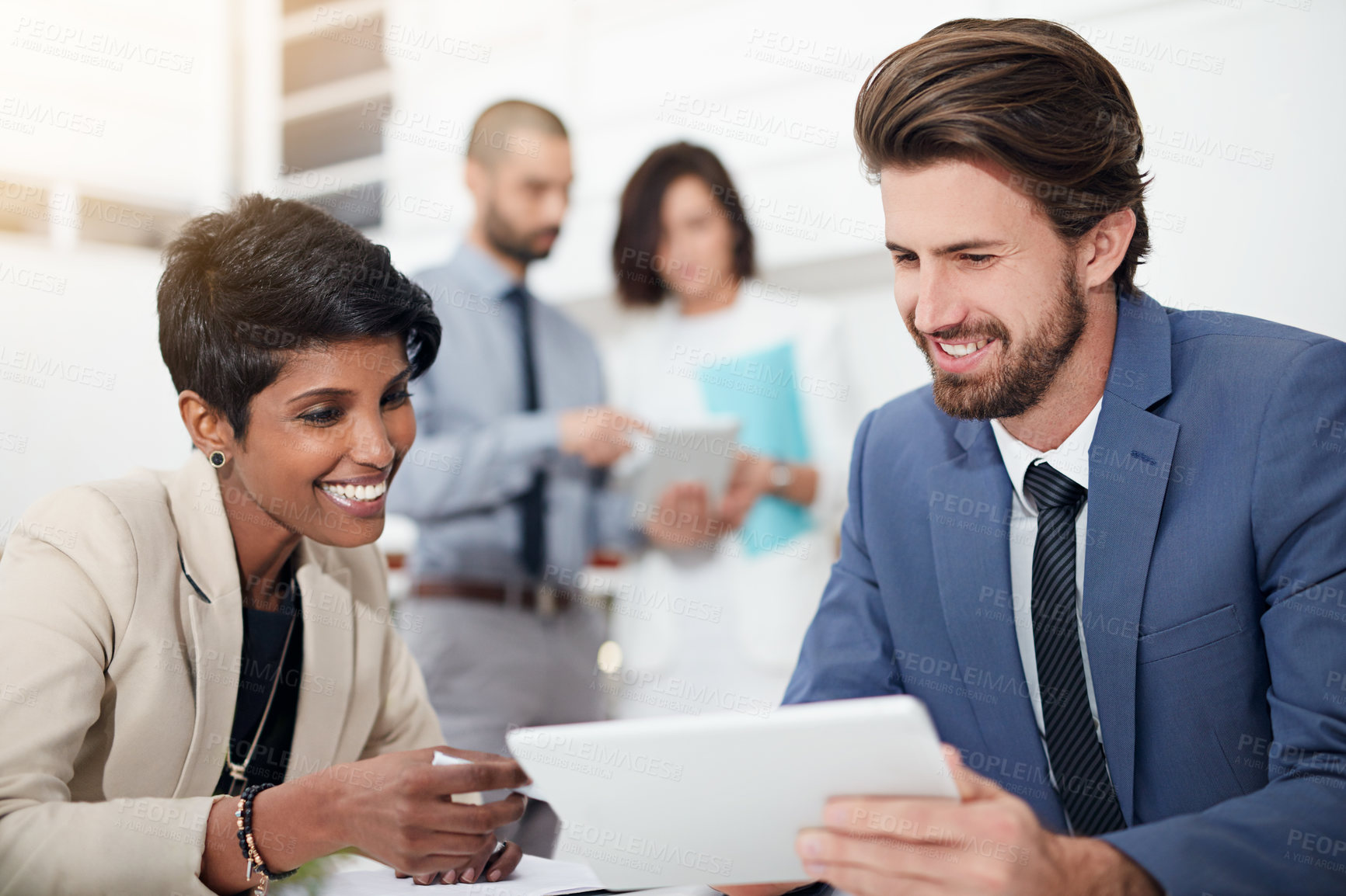 Buy stock photo Meeting, ideas and happy with tablet, people and conversation for financial report and confident. Collaboration, teamwork and paperwork for corporate, talking and project for actuary and boardroom