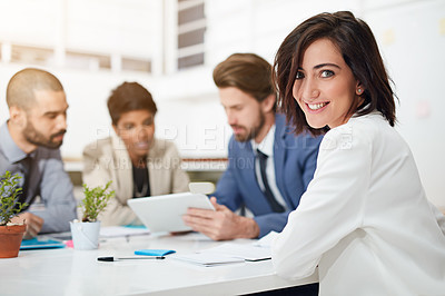 Buy stock photo Portrait, smile and woman in boardroom, confident and conversation for financial report and tablet. Collaboration, teamwork and people with paperwork, plan and together for project, actuary or Canada