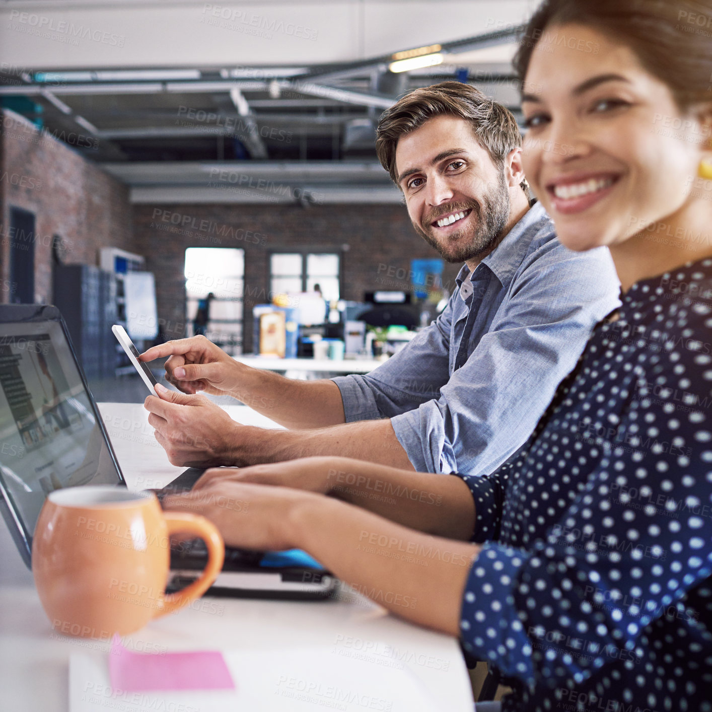 Buy stock photo Teamwork, technology and portrait of businessman and woman at desk with laptop at creative agency working on web project together. Collaboration, happy employees or business people at design startup.