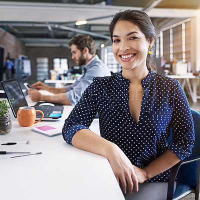 Buy stock photo Office, smile and portrait of woman at desk with laptop and man at creative agency, working on project together. Leadership, collaboration and happy employees or business partner at design startup.
