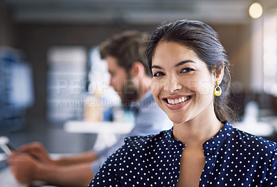 Buy stock photo Portrait of woman in creative agency with smile, confidence and success startup design office. Face of happy designer in office, Indian manager or team leader with digital tech and coworking space.