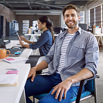 Buy stock photo Confidence, smile and portrait of man at desk with laptop and woman at creative agency working on project together. Leadership, collaboration and happy employees or business people at design startup.
