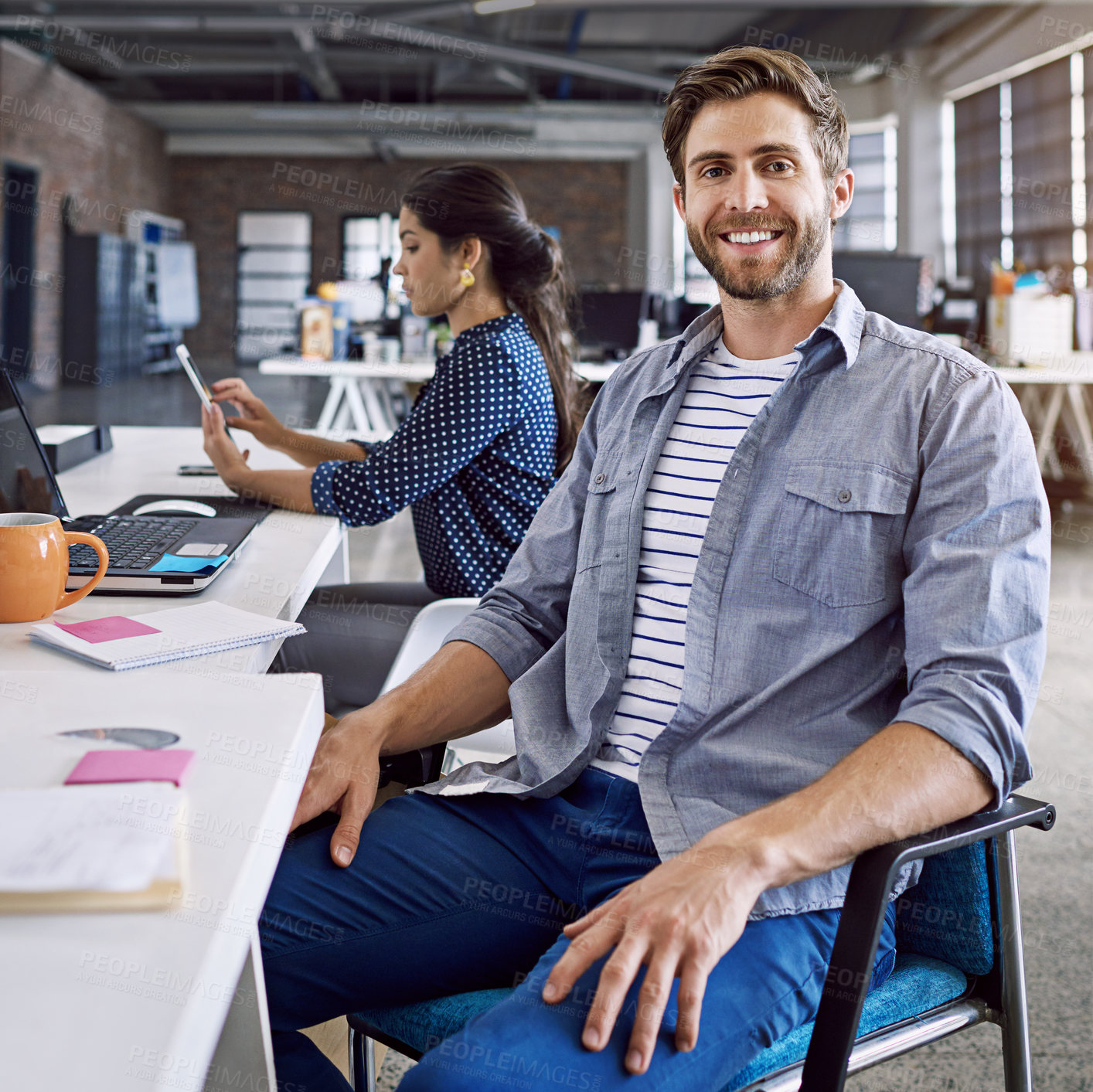 Buy stock photo Confidence, smile and portrait of man at desk with laptop and woman at creative agency working on project together. Leadership, collaboration and happy employees or business people at design startup.